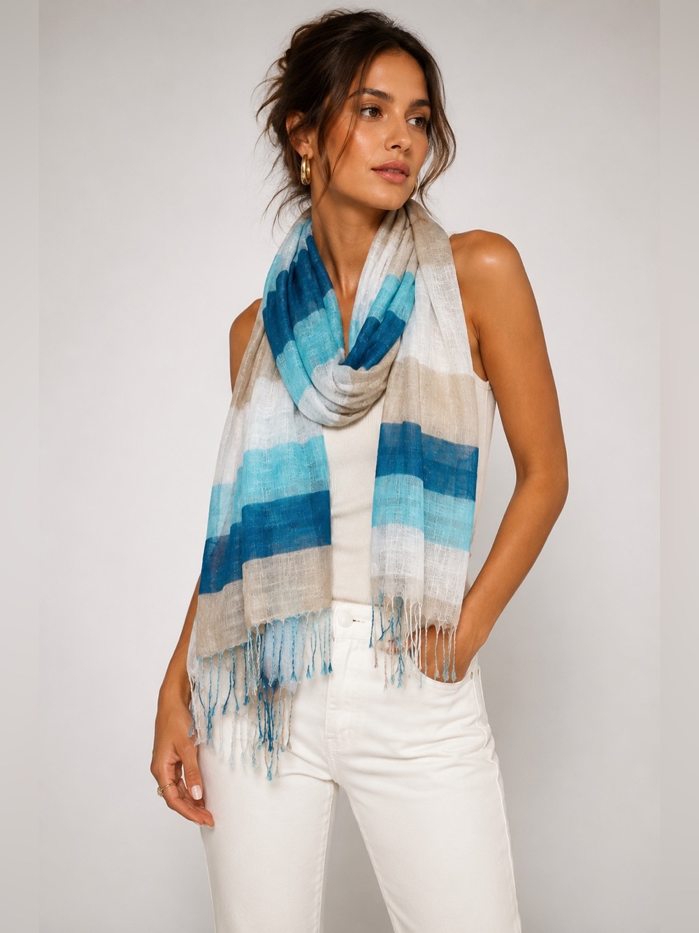 Talbots Linen Blend Striped Scarf Blue Aqua Ivory Fringe Wrap Shawl